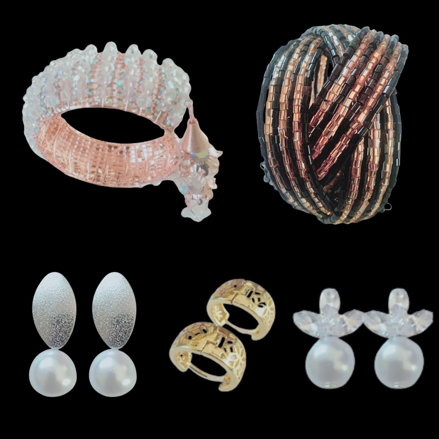 1 Crystal Bracelet + 1  Onyx Weave Bracelet + 3 Pearl & Metal Fusion ring